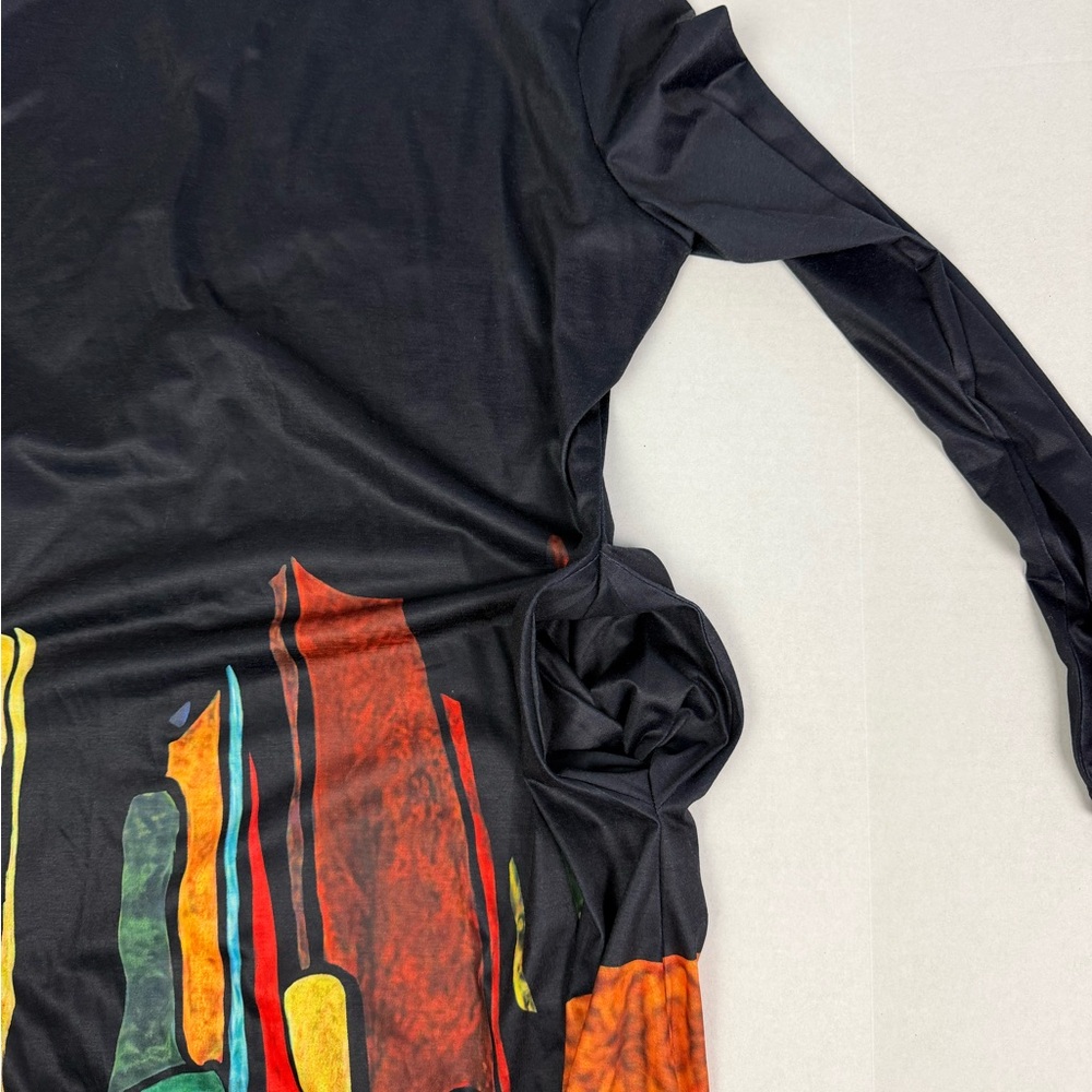 Black Abstract Print Long Sleeve Swing Dress Pockets Oversized‎ Size XL - Picture 9 of 9